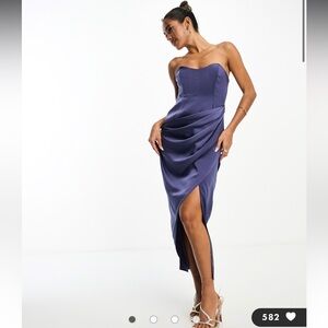 ASOS DESIGN | Satin Corset Bandeau Midi Dress Drape Detail | size 8 | Indigo